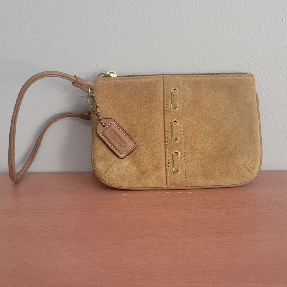 Tan Coach Suede Wristlet with Strap
